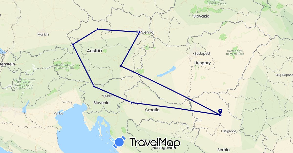 TravelMap itinerary: driving in Austria, Croatia, Serbia, Slovenia (Europe)